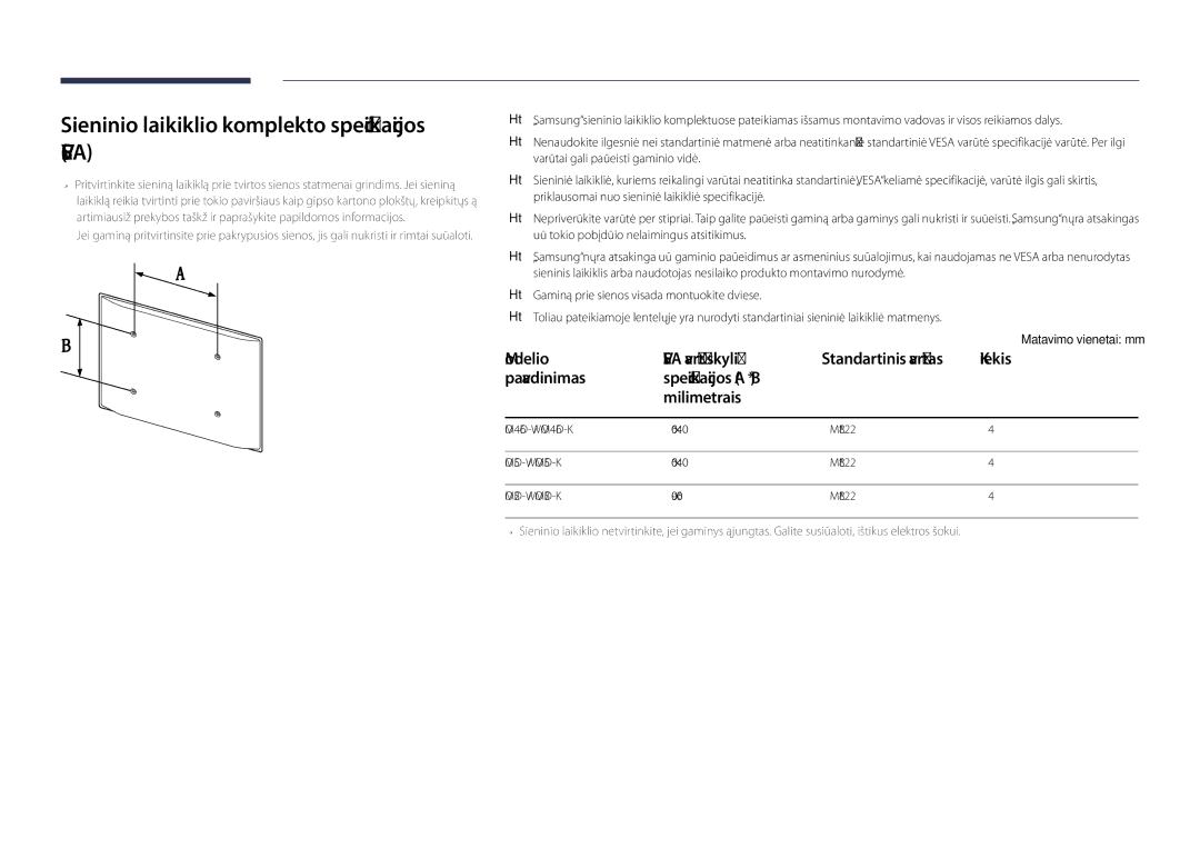 Samsung LH75OMDPWBC/EN Sieninio laikiklio komplekto specifikacijos Vesa, Modelio Vesa varžtų skylių, Kiekis, Pavadinimas 