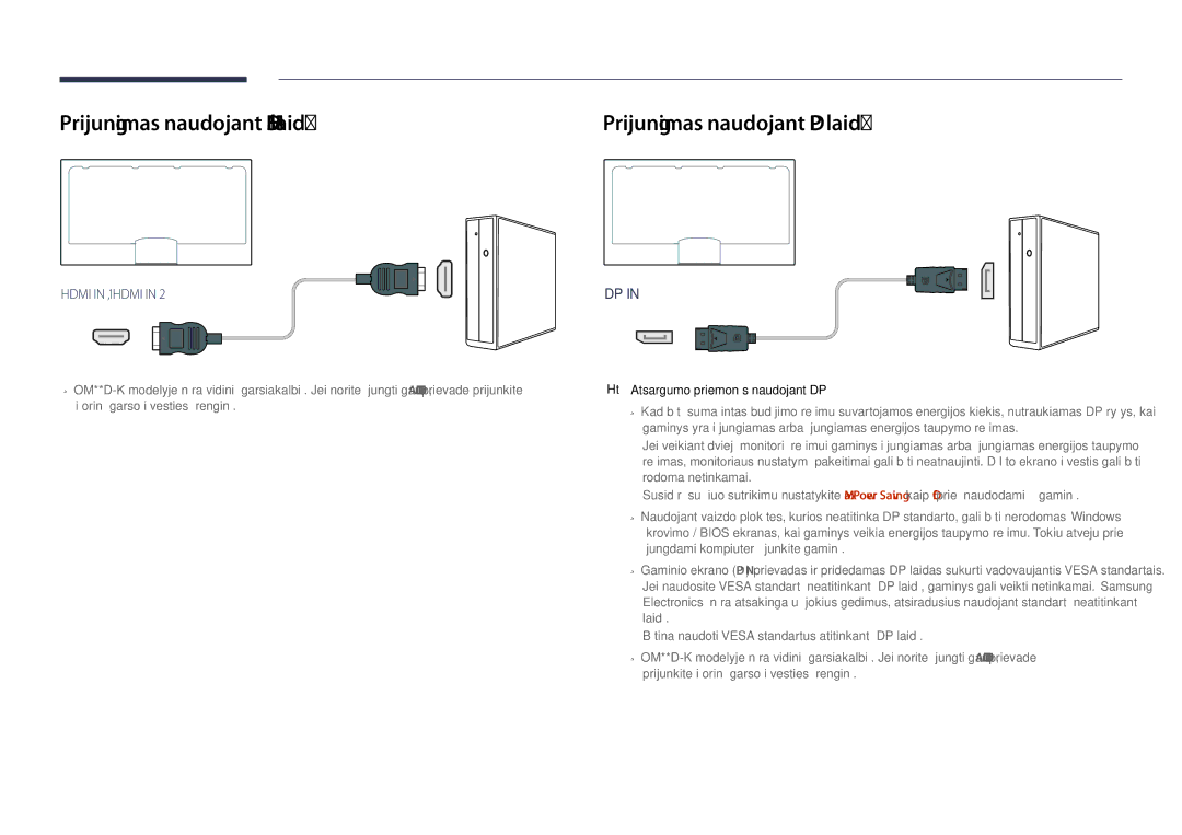 Samsung LH46OMDPKBC/EN, LH46OMDPWBC/EN, LH75OMDPWBC/EN Prijungimas naudojant Hdmi laidą, Atsargumo priemonės naudojant DP 