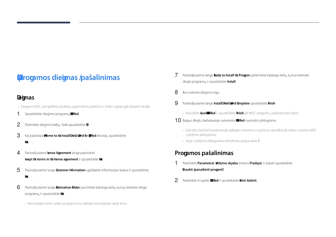 Samsung LH75OMDPKBC/EN, LH46OMDPWBC/EN manual MDC naudojimas, MDC programos diegimas / pašalinimas, Programos pašalinimas 