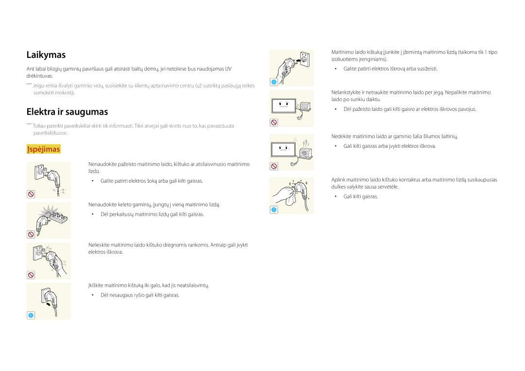 Samsung LH46OMDPWBC/EN, LH75OMDPWBC/EN, LH75OMDPKBC/EN, LH55OMDPWBC/EN, LH46OMDPKBC/EN manual Laikymas, Elektra ir saugumas 