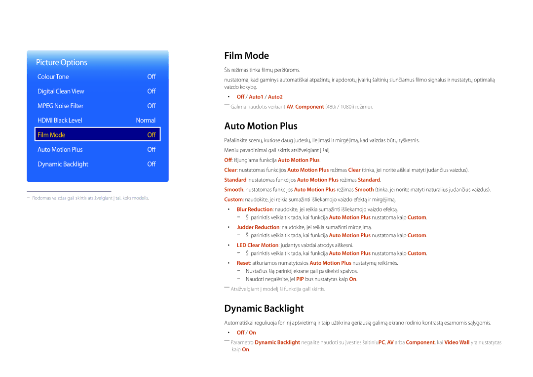 Samsung LH55OMDPWBC/EN, LH46OMDPWBC/EN manual Film Mode, Auto Motion Plus Off Dynamic Backlight, Off / Auto1 / Auto2 