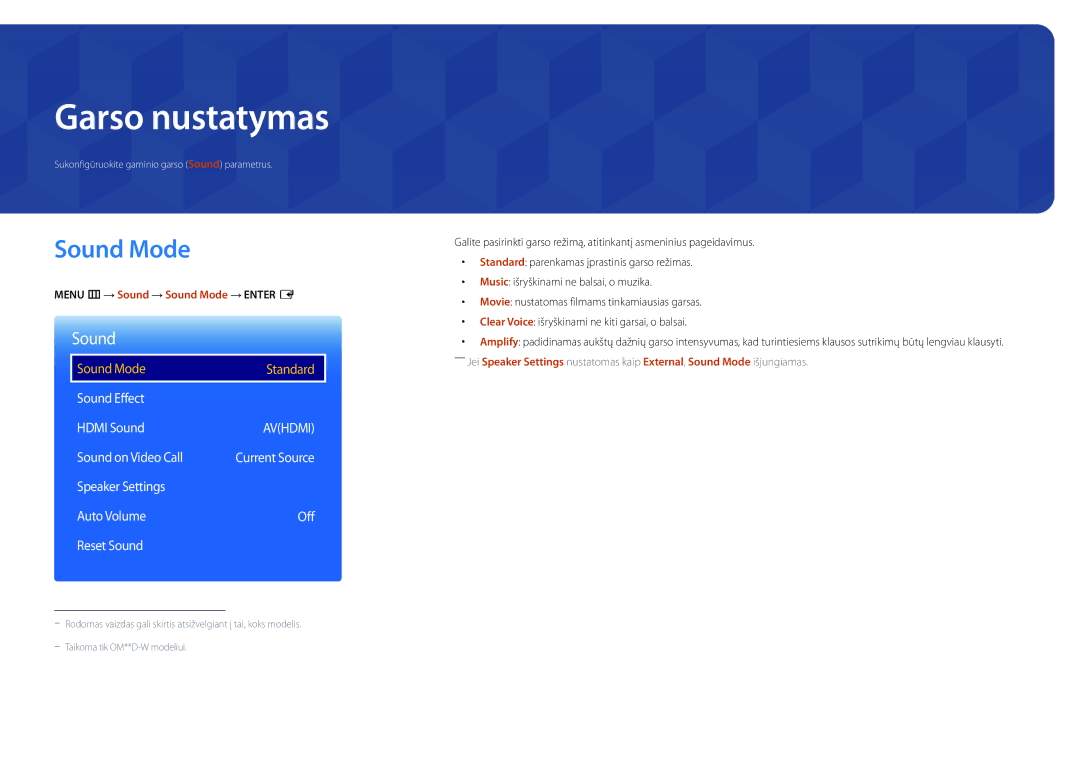 Samsung LH55OMDPKBC/EN, LH46OMDPWBC/EN, LH75OMDPWBC/EN, LH75OMDPKBC/EN, LH55OMDPWBC/EN manual Garso nustatymas, Sound Mode 