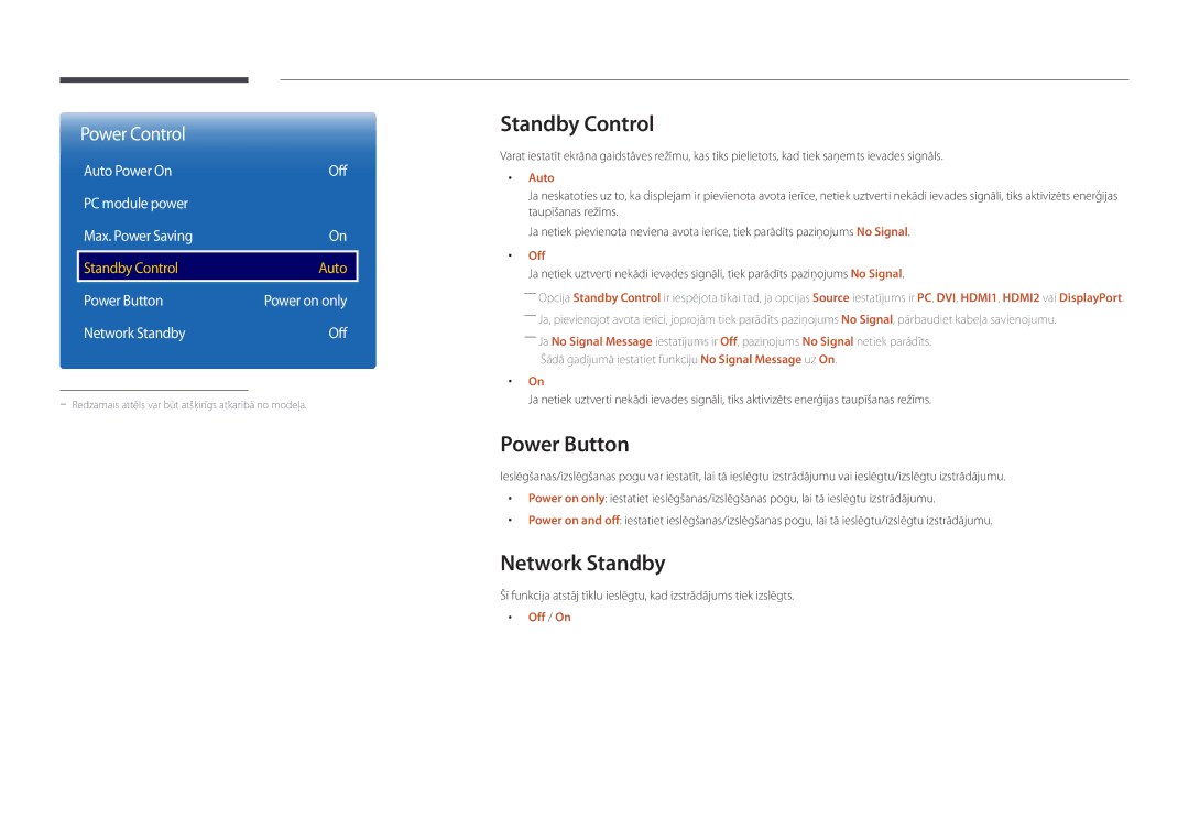 Samsung LH46OMDPWBC/EN Standby Control, Power Button, Network Standby, Auto Power On Off PC module power Max. Power Saving 