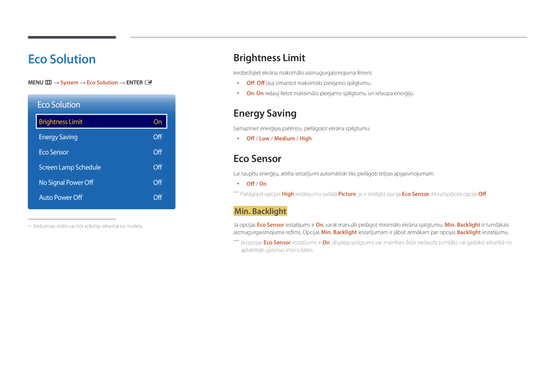 Samsung LH75OMDPWBC/EN, LH46OMDPWBC/EN, LH75OMDPKBC/EN manual Eco Solution, Brightness Limit, Energy Saving, Eco Sensor 