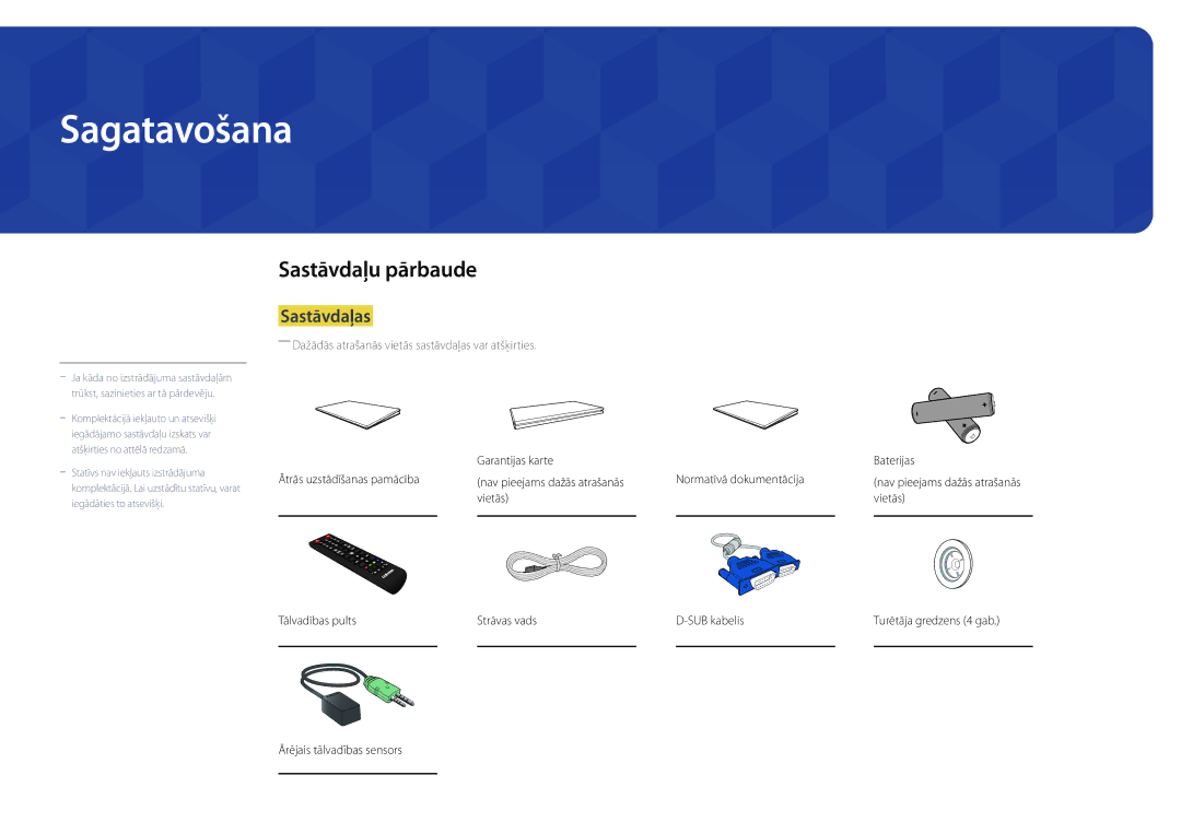 Samsung LH46OMDPWBC/EN, LH75OMDPWBC/EN, LH75OMDPKBC/EN, LH55OMDPWBC/EN manual Sagatavošana, Sastāvdaļu pārbaude, Sastāvdaļas 