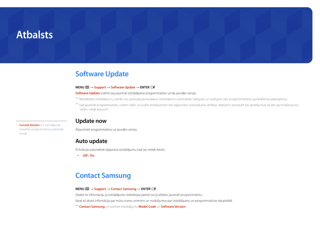 Samsung LH55OMDPWBC/EN, LH46OMDPWBC/EN, LH75OMDPWBC/EN Atbalsts, Software Update, Contact Samsung, Update now, Auto update 