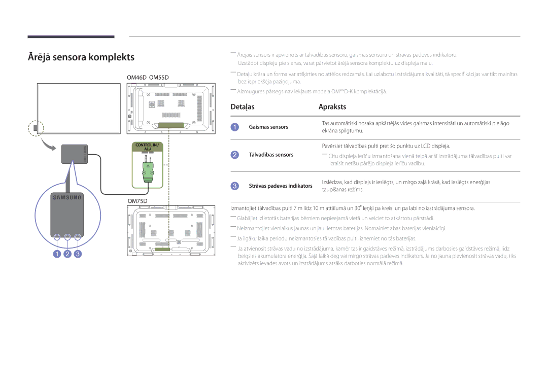 Samsung LH46OMDPKBC/EN, LH46OMDPWBC/EN manual Ārējā sensora komplekts, Detaļas Apraksts, Gaismas sensors, Tālvadības sensors 