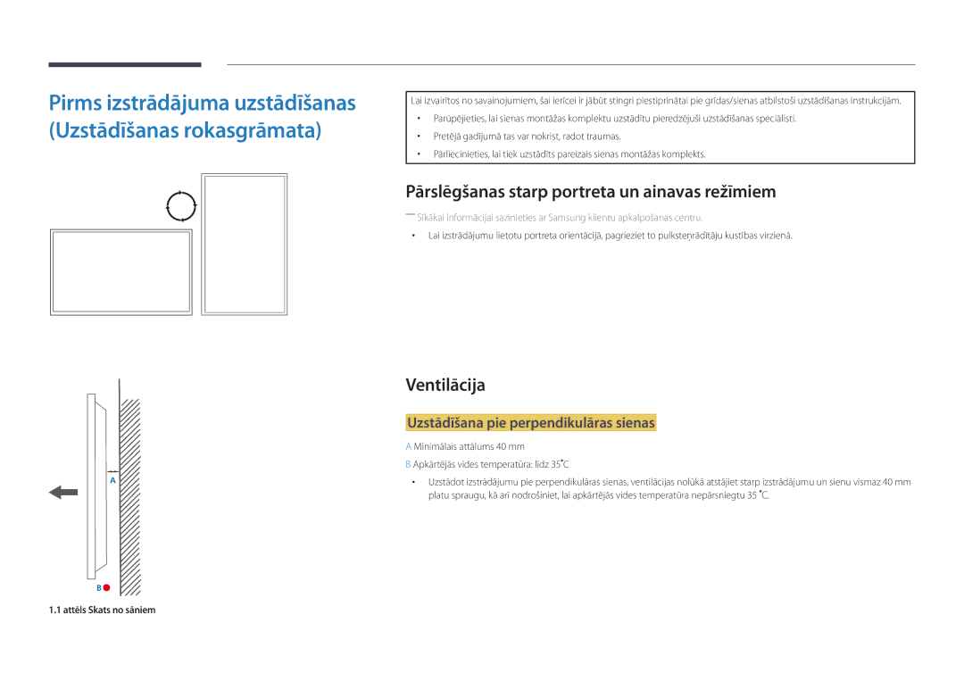 Samsung LH46OMDPKBC/EN manual Pārslēgšanas starp portreta un ainavas režīmiem, Ventilācija, Attēls Skats no sāniem 