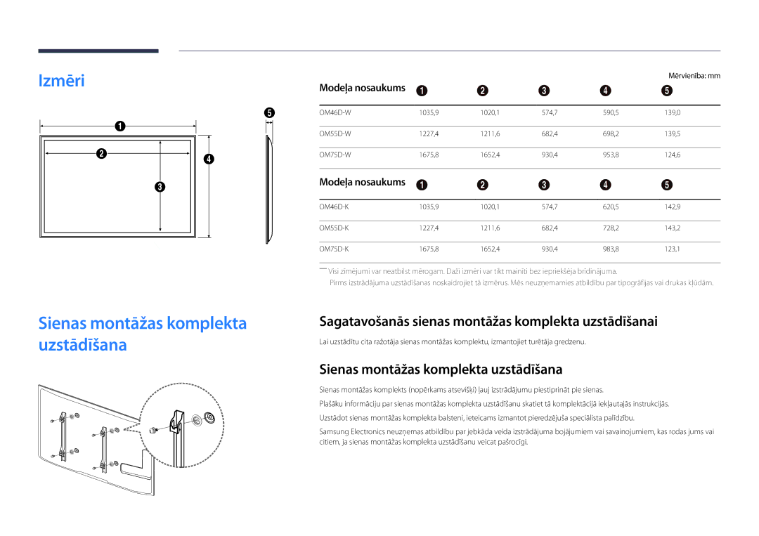 Samsung LH46OMDPWBC/EN manual Sienas montāžas komplekta uzstādīšana, Sagatavošanās sienas montāžas komplekta uzstādīšanai 