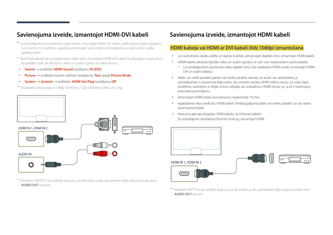 Samsung LH46OMDPWBC/EN, LH75OMDPWBC/EN manual Hdmi kabeļa vai Hdmi ar DVI kabeli līdz 1080p izmantošana, Hdmi in 1, Hdmi 