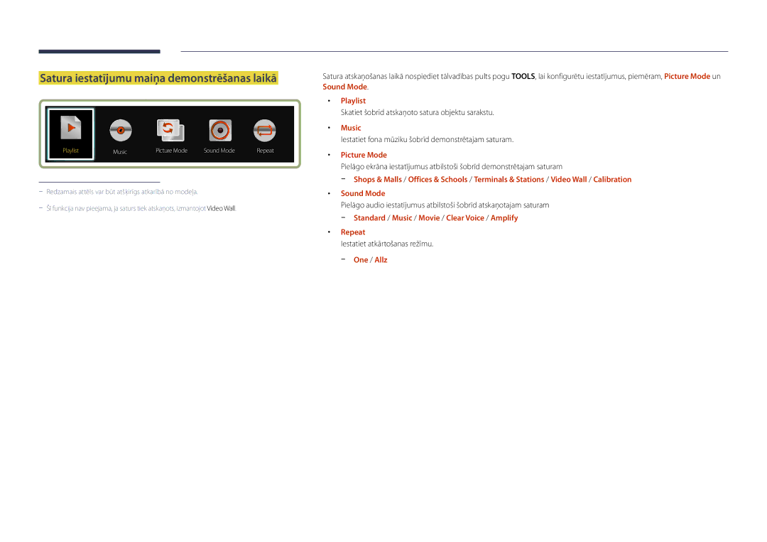 Samsung LH75OMDPWBC/EN manual Satura iestatījumu maiņa demonstrēšanas laikā, Playlist, Music, Picture Mode, Repeat 
