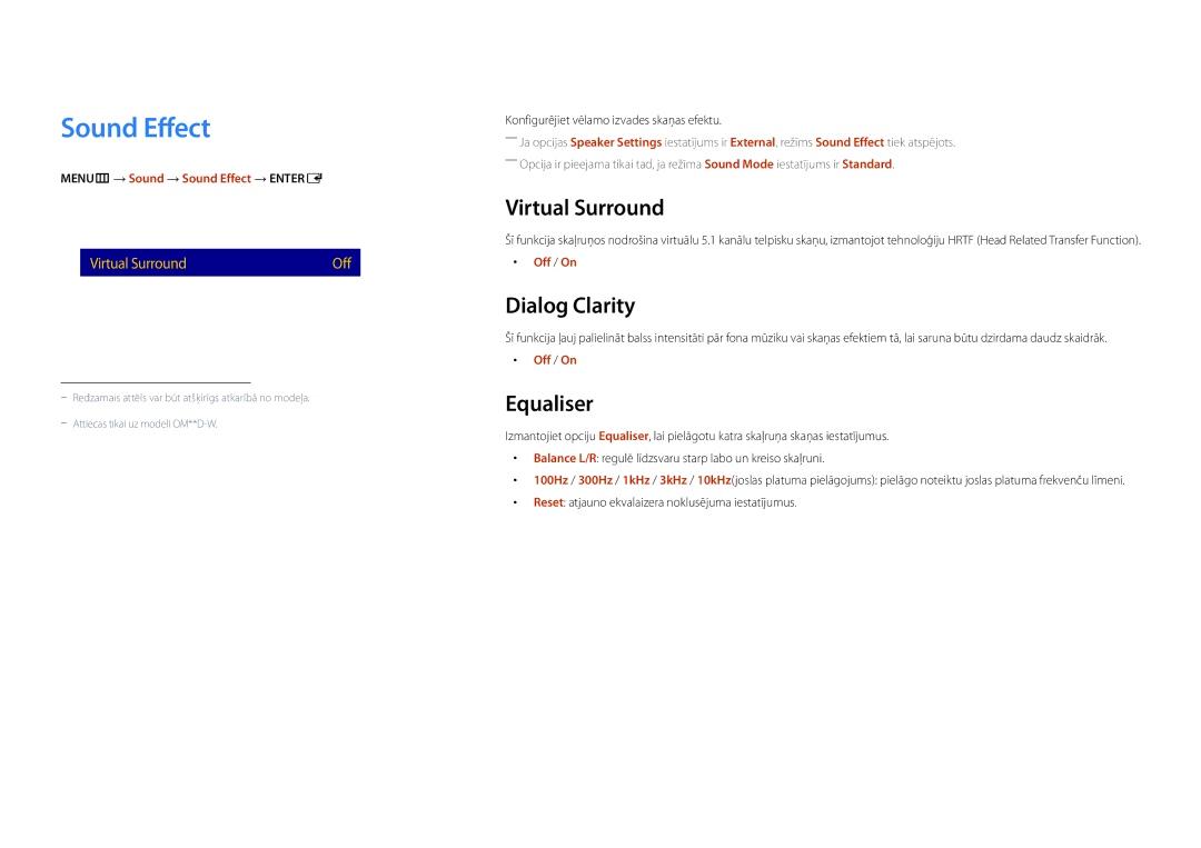 Samsung LH46OMDPWBC/EN, LH75OMDPWBC/EN, LH75OMDPKBC/EN manual Sound Effect, Virtual Surround, Dialog Clarity, Equaliser 