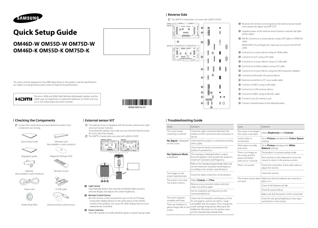 Samsung LH75OMDPWBC/XV manual Reverse Side, Checking the Components, External sensor KIT, Troubleshooting Guide 