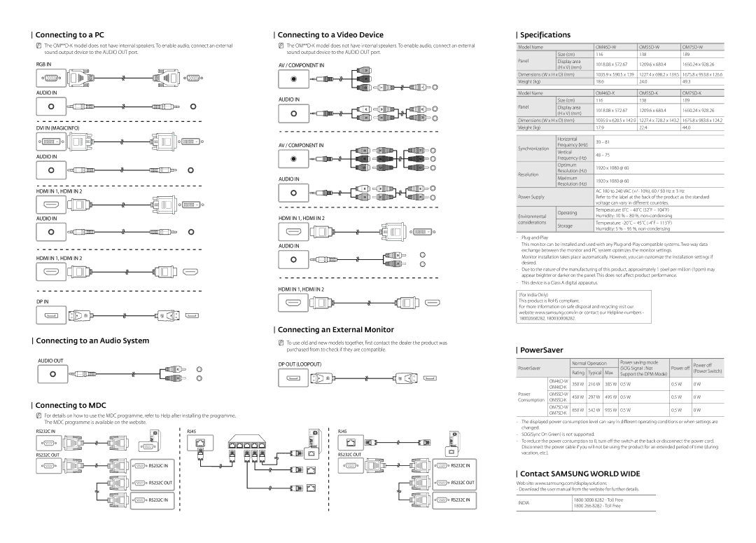 Samsung LH46OMDPWBC/XV Connecting to a PC, Connecting to an Audio System, Connecting to MDC, Connecting to a Video Device 