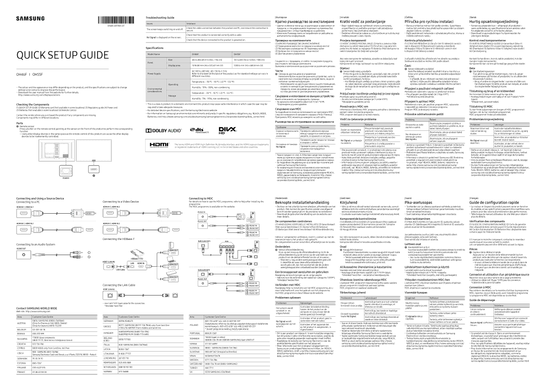 Samsung LH55OMFPWBC/EN manual Kratki vodič za postavljanje, Příručka pro rychlou instalaci, Hurtig opsætningsvejledning 