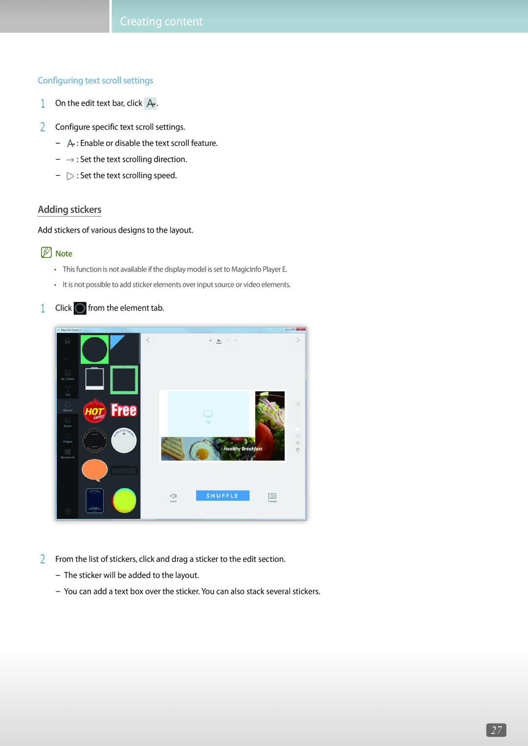 Samsung LH65DMERTBC/EN Adding stickers, Configuring text scroll settings, Add stickers of various designs to the layout 