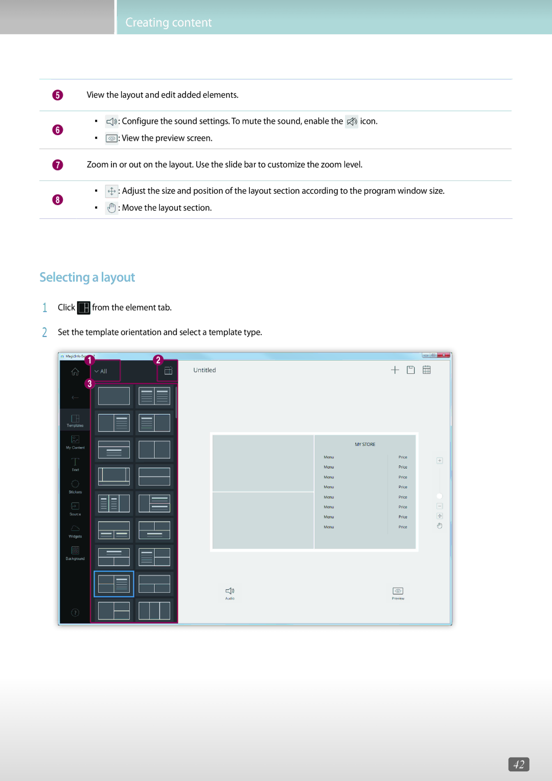 Samsung LH75DMERTBC/EN, LH46OMFPWBC/EN, LH55OMFPWBC/EN manual Selecting a layout, View the layout and edit added elements 