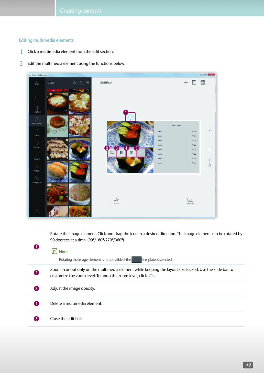 Samsung LH65DMEPLGC/EN, LH46OMFPWBC/EN, LH55OMFPWBC/EN, LH75QBHRTBC/EN, LH65QBHRTBC/EN manual Editing multimedia elements 