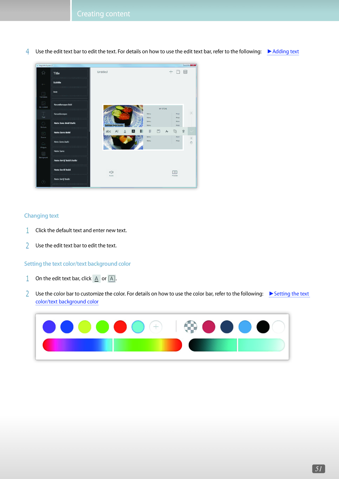 Samsung LH55OHFPVBC/EN, LH46OMFPWBC/EN, LH55OMFPWBC/EN, LH75QBHRTBC/EN manual Changing text, On the edit text bar, click 