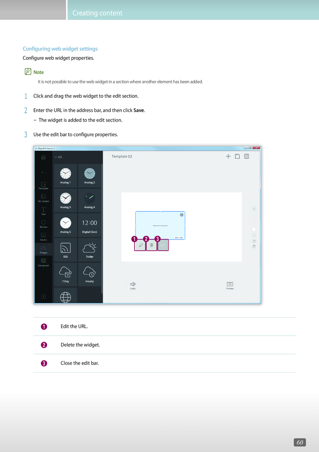 Samsung LH82DMEMTBC/EN, LH46OMFPWBC/EN, LH55OMFPWBC/EN Configuring web widget settings, Configure web widget properties 