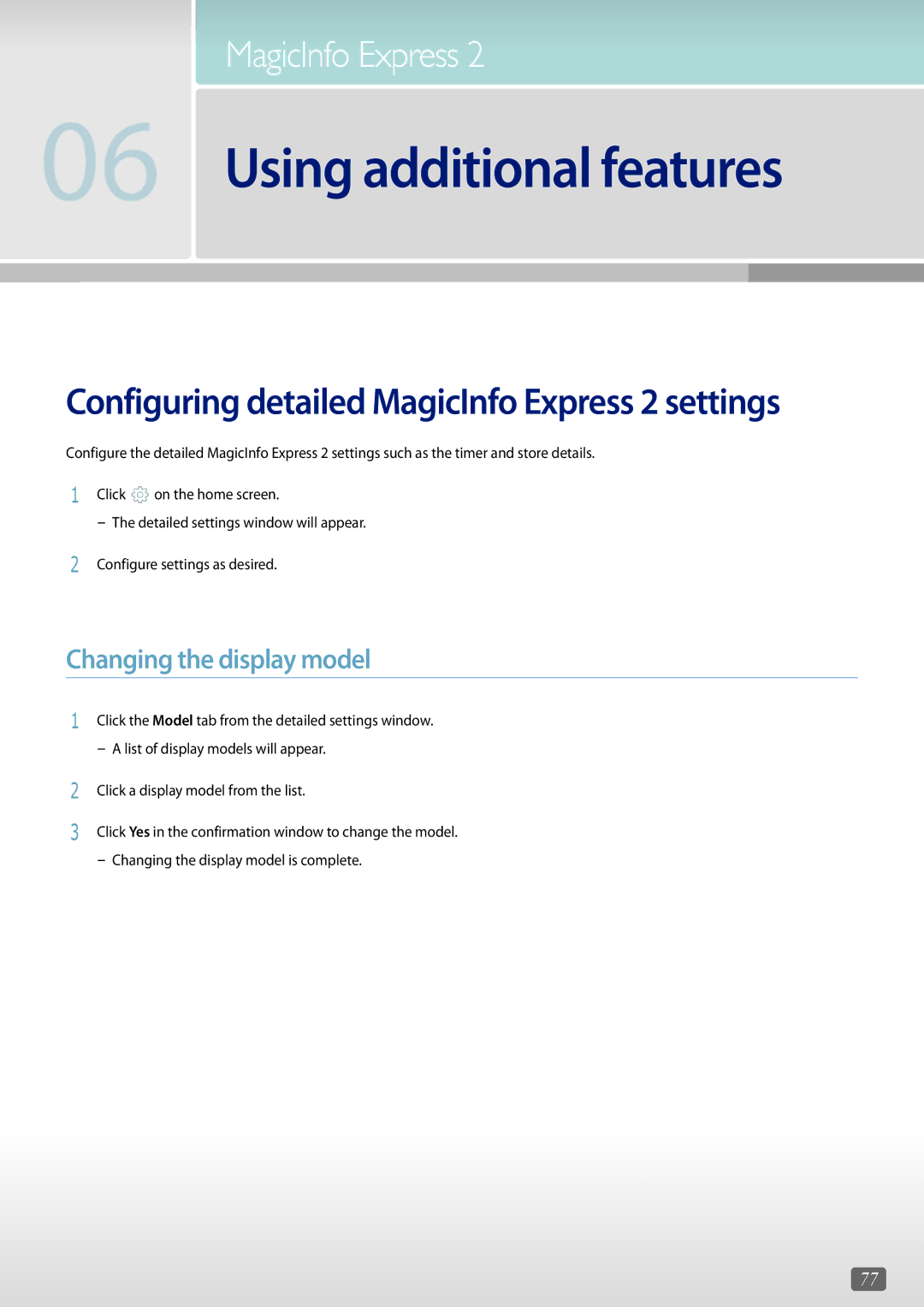 Samsung LH43DBJPLGC/UE, LH46OMFPWBC/EN, LH55OMFPWBC/EN manual Changing the display model, Configure settings as desired 