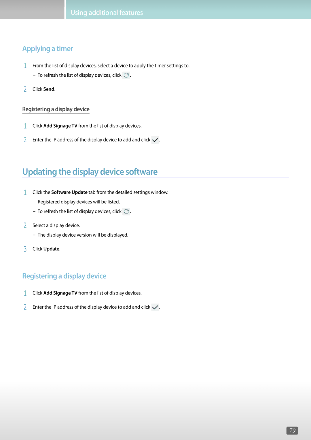 Samsung LH32DMEPLGC/NG manual Updating the display device software, Applying a timer, Registering a display device 