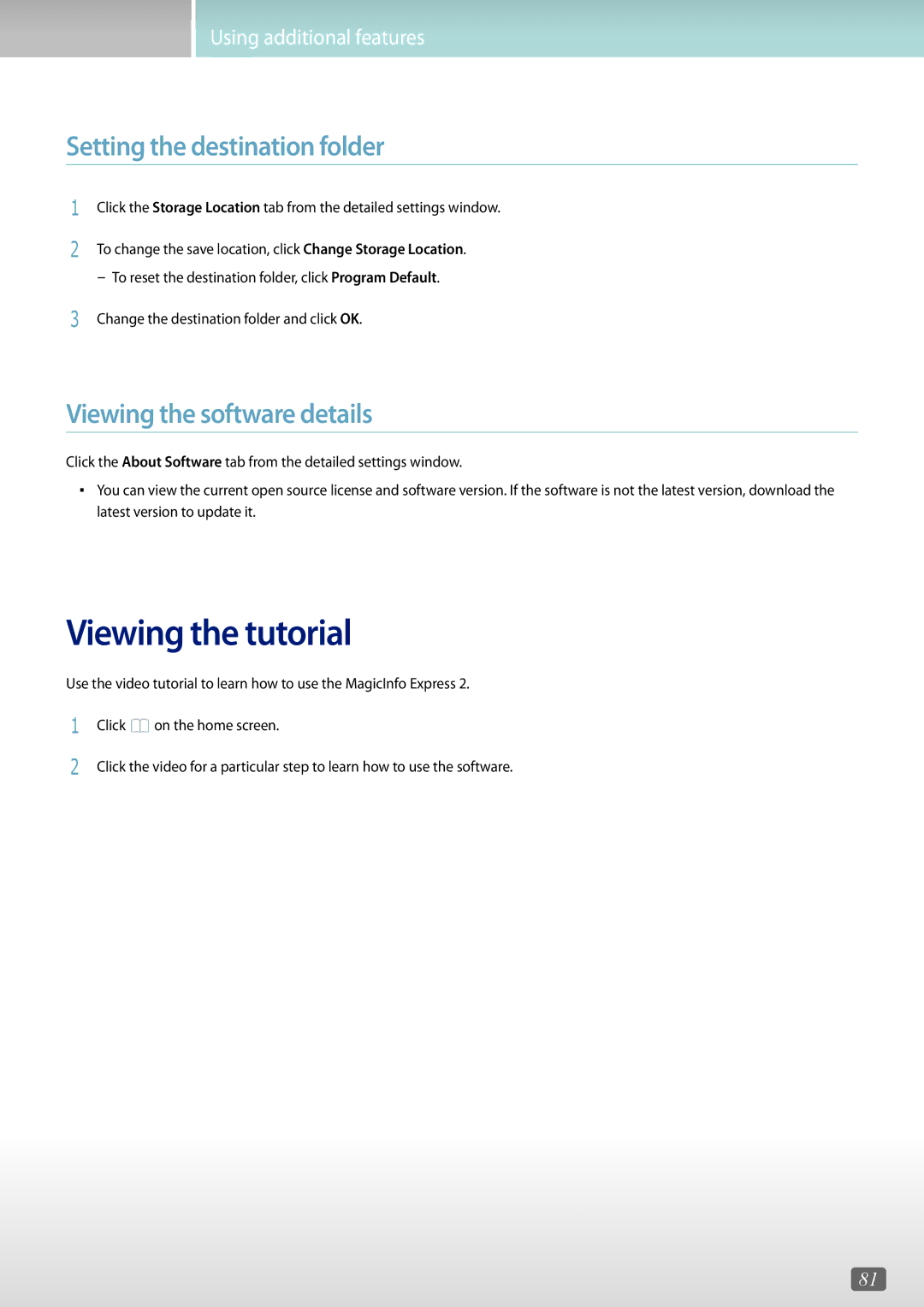 Samsung LH32PMFPBGC/NG, LH46OMFPWBC/EN Viewing the tutorial, Setting the destination folder, Viewing the software details 