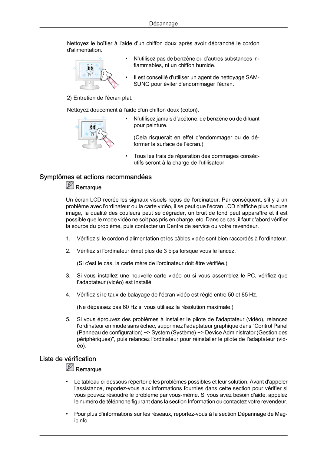 Samsung LH46OUTQGF/EN manual Symptômes et actions recommandées, Liste de vérification 