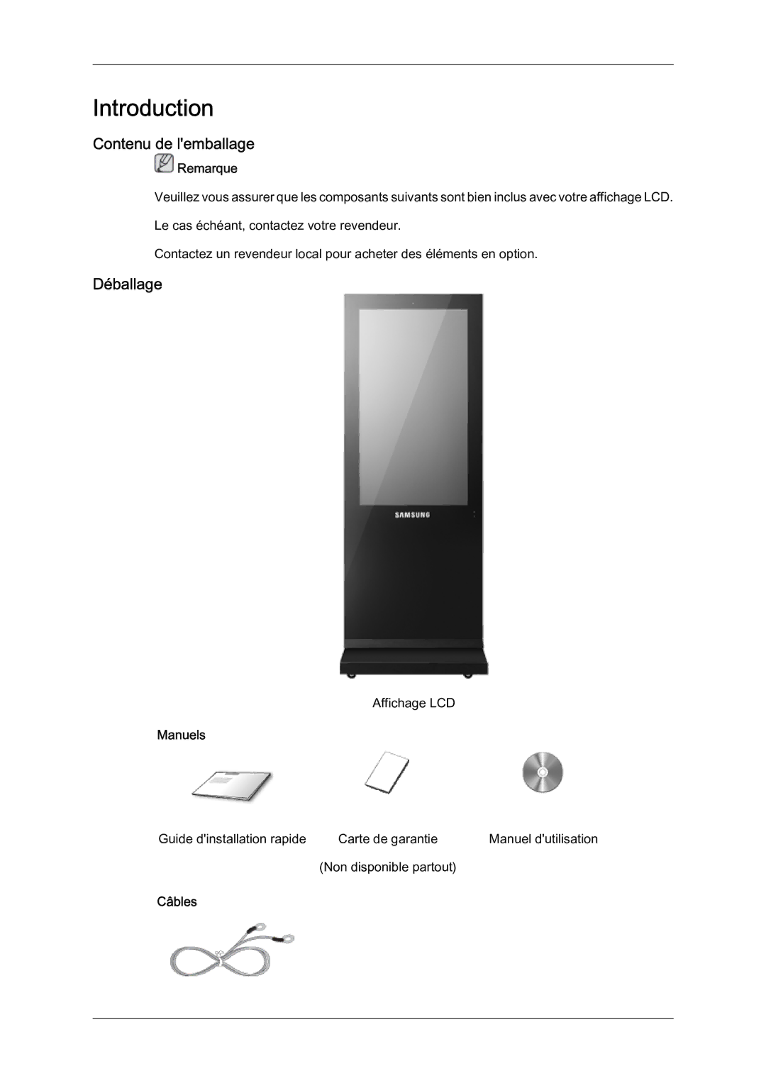 Samsung LH46OUTQGF/EN manual Contenu de lemballage, Déballage, Remarque, Manuels, Câbles 