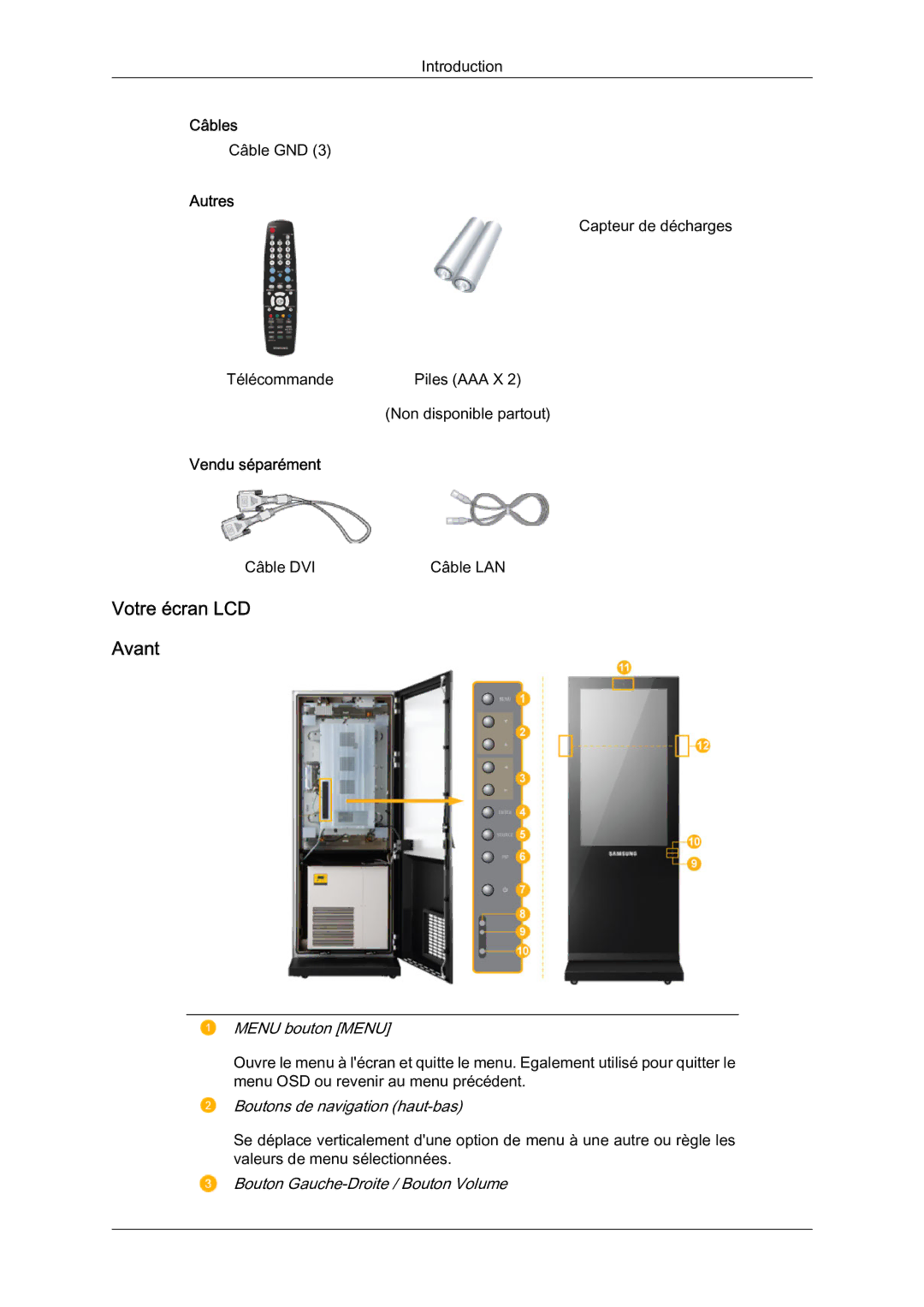 Samsung LH46OUTQGF/EN manual Votre écran LCD Avant, Autres, Vendu séparément 