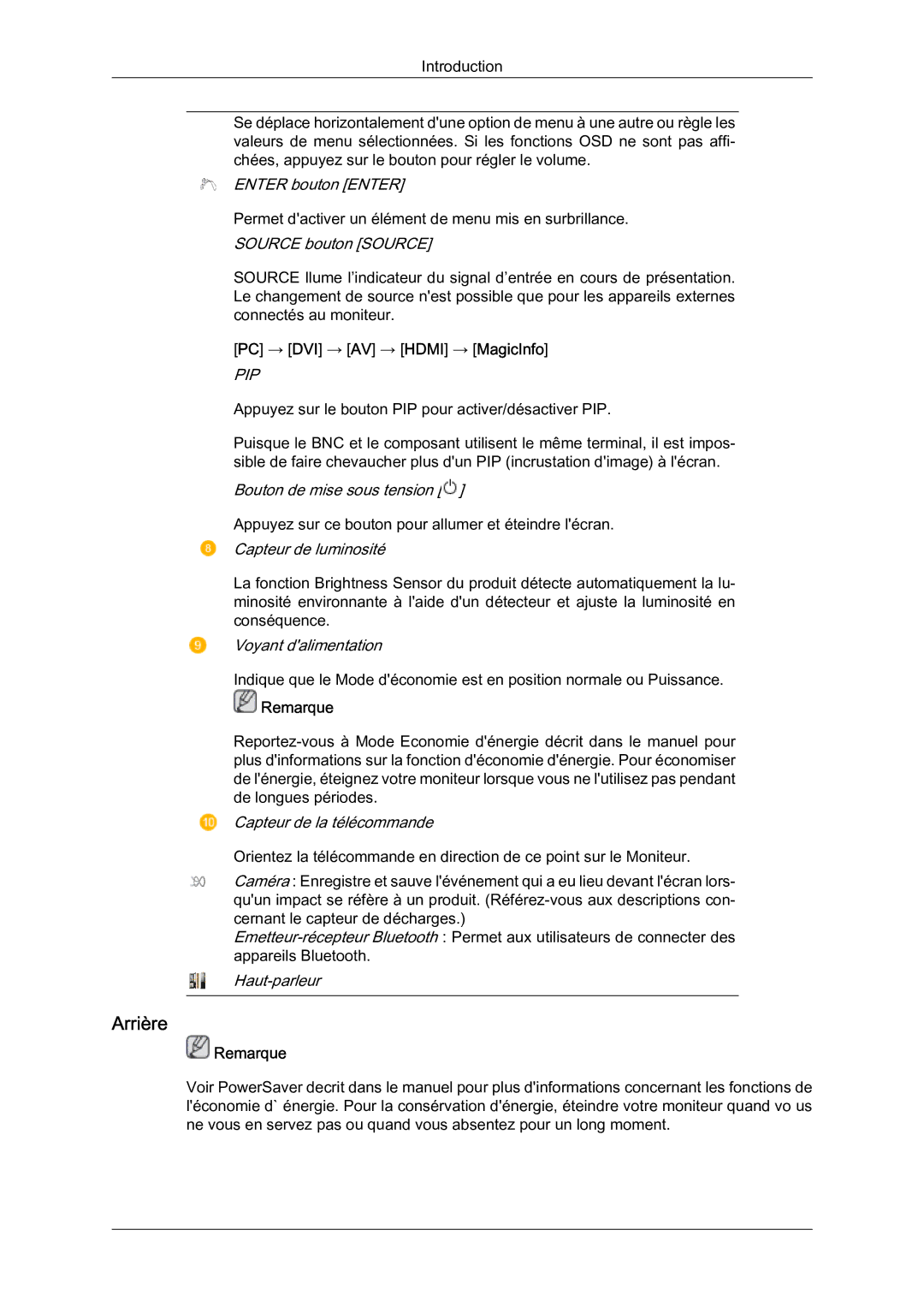 Samsung LH46OUTQGF/EN manual Arrière, PC → DVI → AV → Hdmi → MagicInfo, Pip 