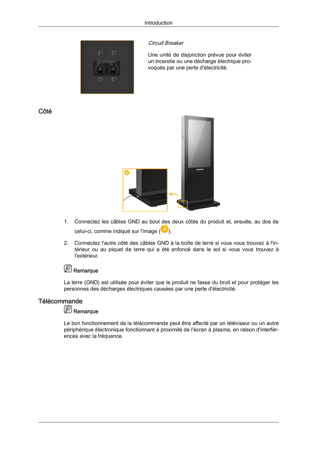 Samsung LH46OUTQGF/EN manual Côté, Télécommande, Circuit Breaker 