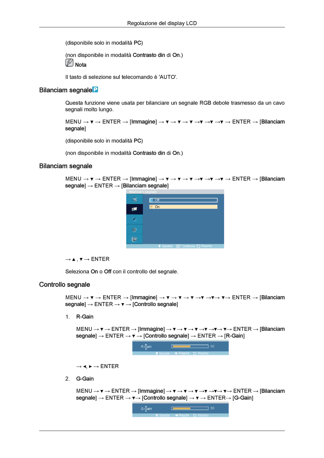 Samsung LH46OUTQGF/EN manual Bilanciam segnale, Controllo segnale, Gain 