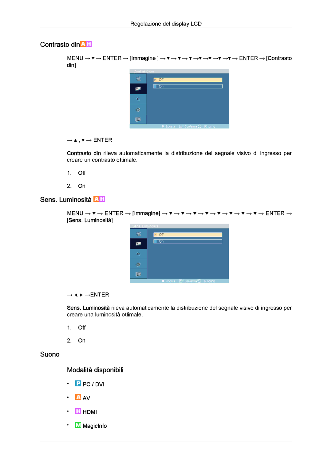 Samsung LH46OUTQGF/EN manual Suono Modalità disponibili, Din, Sens. Luminosità 