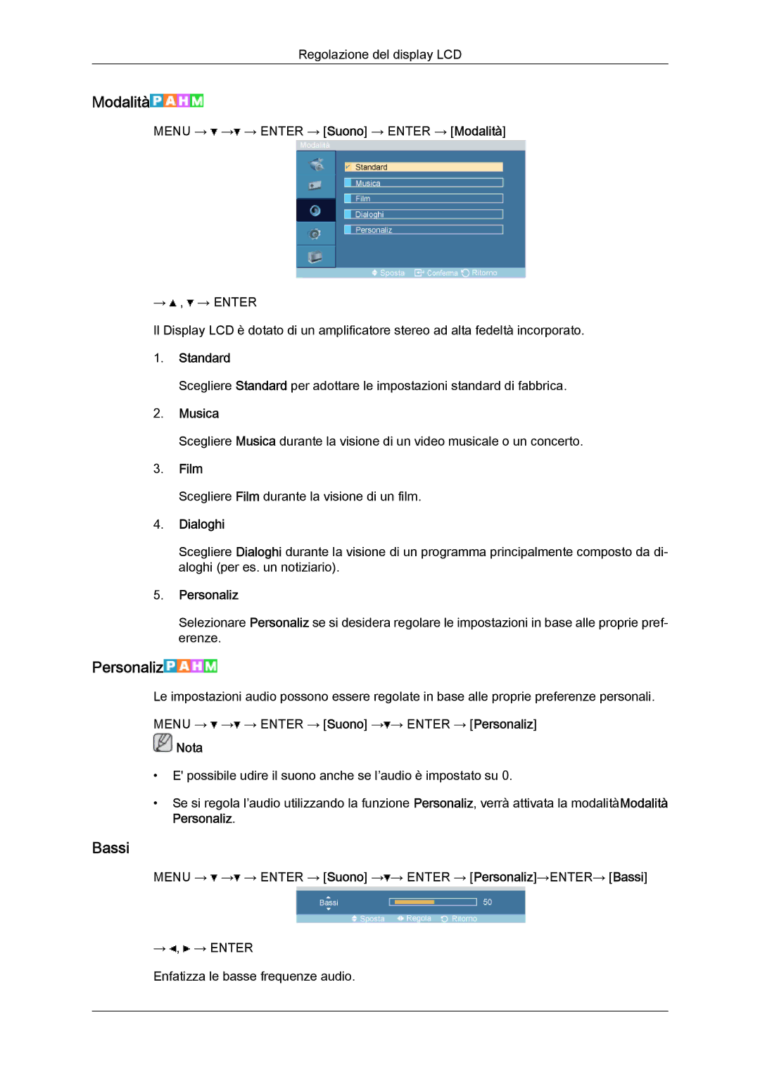 Samsung LH46OUTQGF/EN manual Bassi, Musica, Dialoghi 