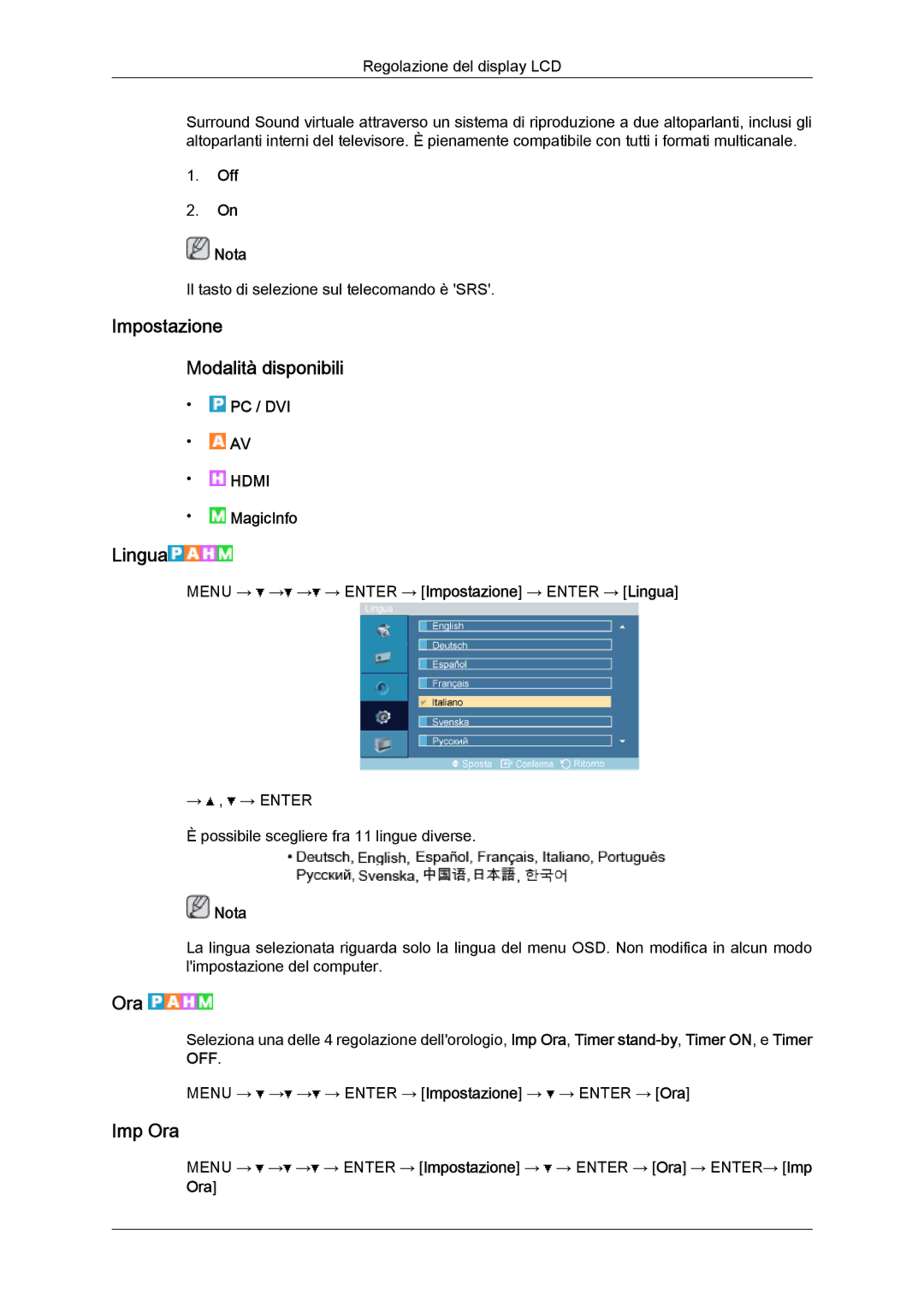 Samsung LH46OUTQGF/EN manual Impostazione Modalità disponibili, Lingua, Imp Ora 