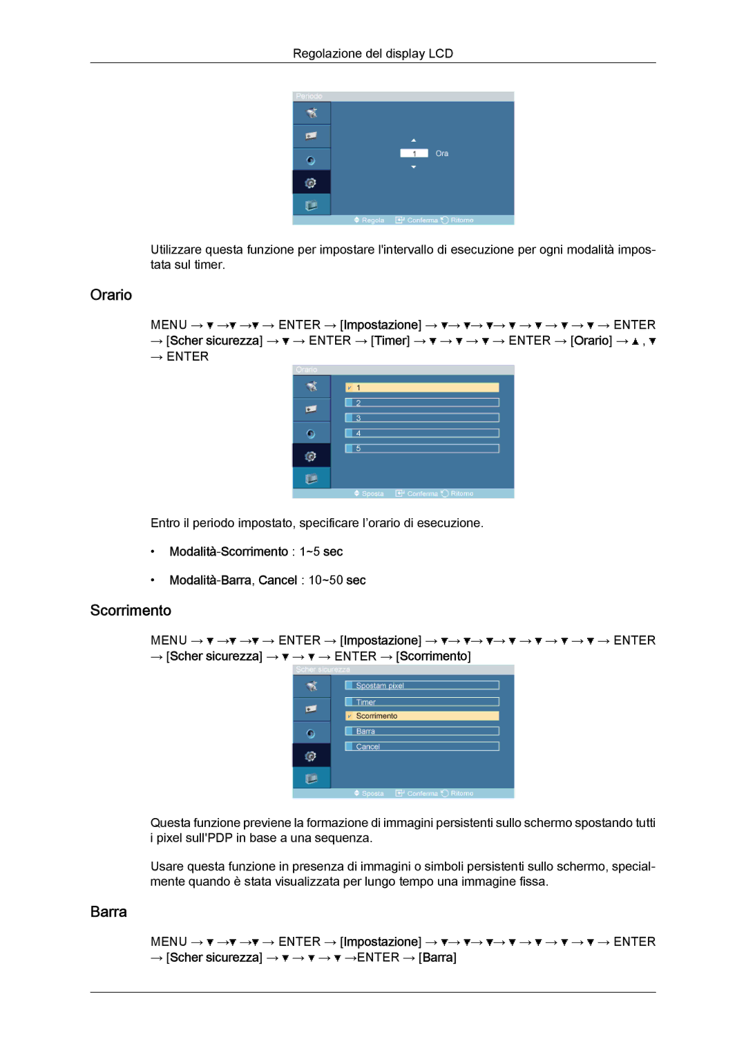 Samsung LH46OUTQGF/EN manual Barra, → Scher sicurezza → → → Enter → Scorrimento 