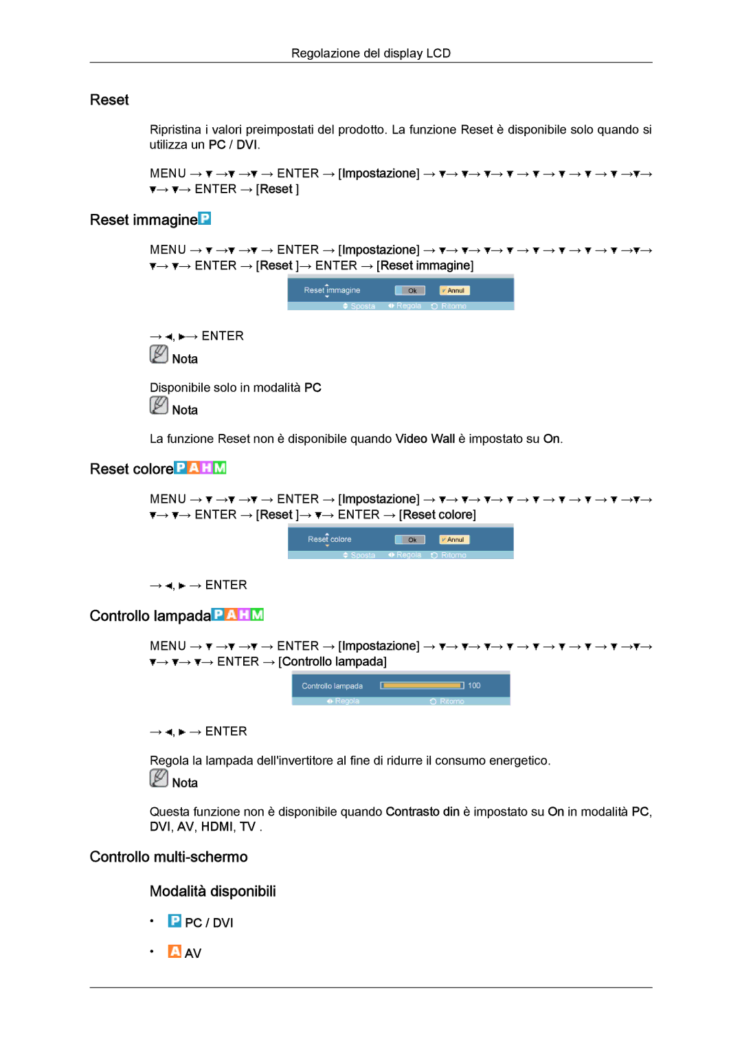 Samsung LH46OUTQGF/EN Reset immagine, Reset colore, Controllo lampada, Controllo multi-schermo Modalità disponibili 