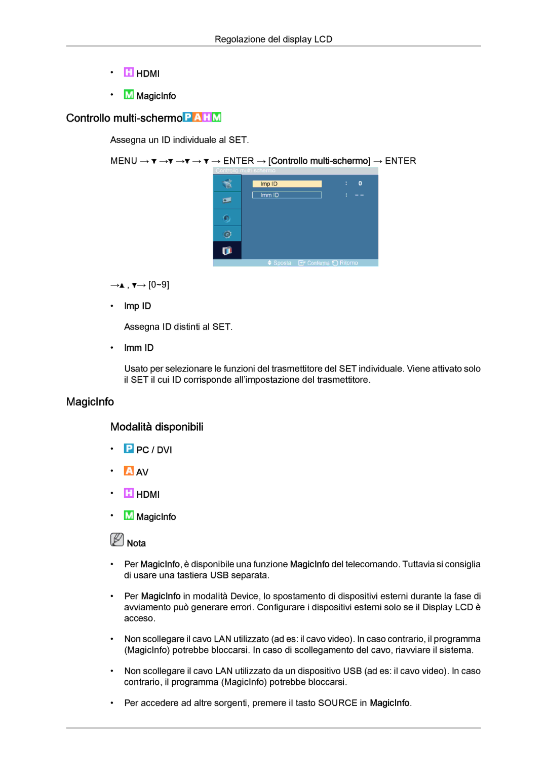 Samsung LH46OUTQGF/EN manual Controllo multi-schermo, MagicInfo Modalità disponibili, Imp ID, Imm ID 