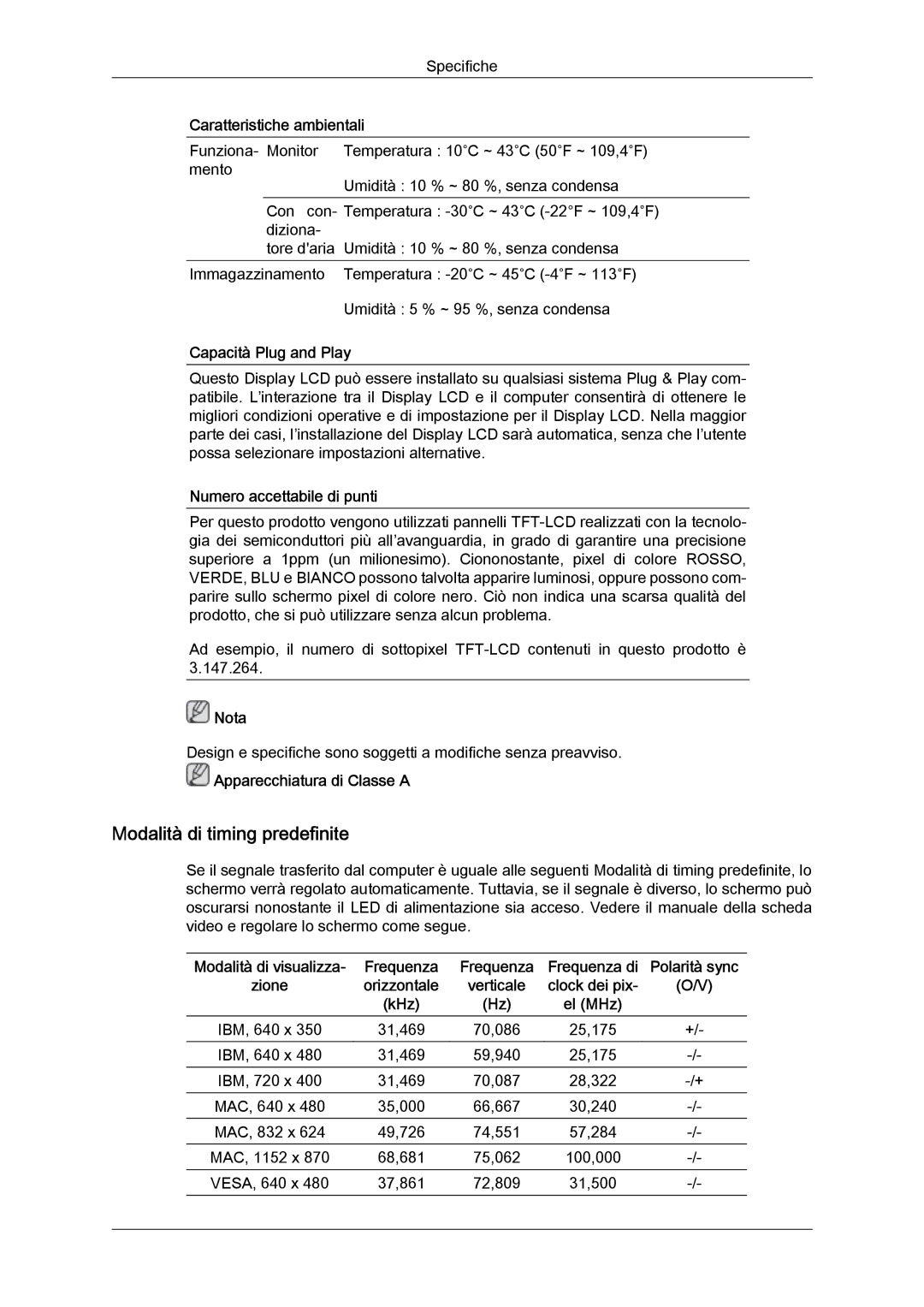 Samsung LH46OUTQGF/EN manual Modalità di timing predefinite 