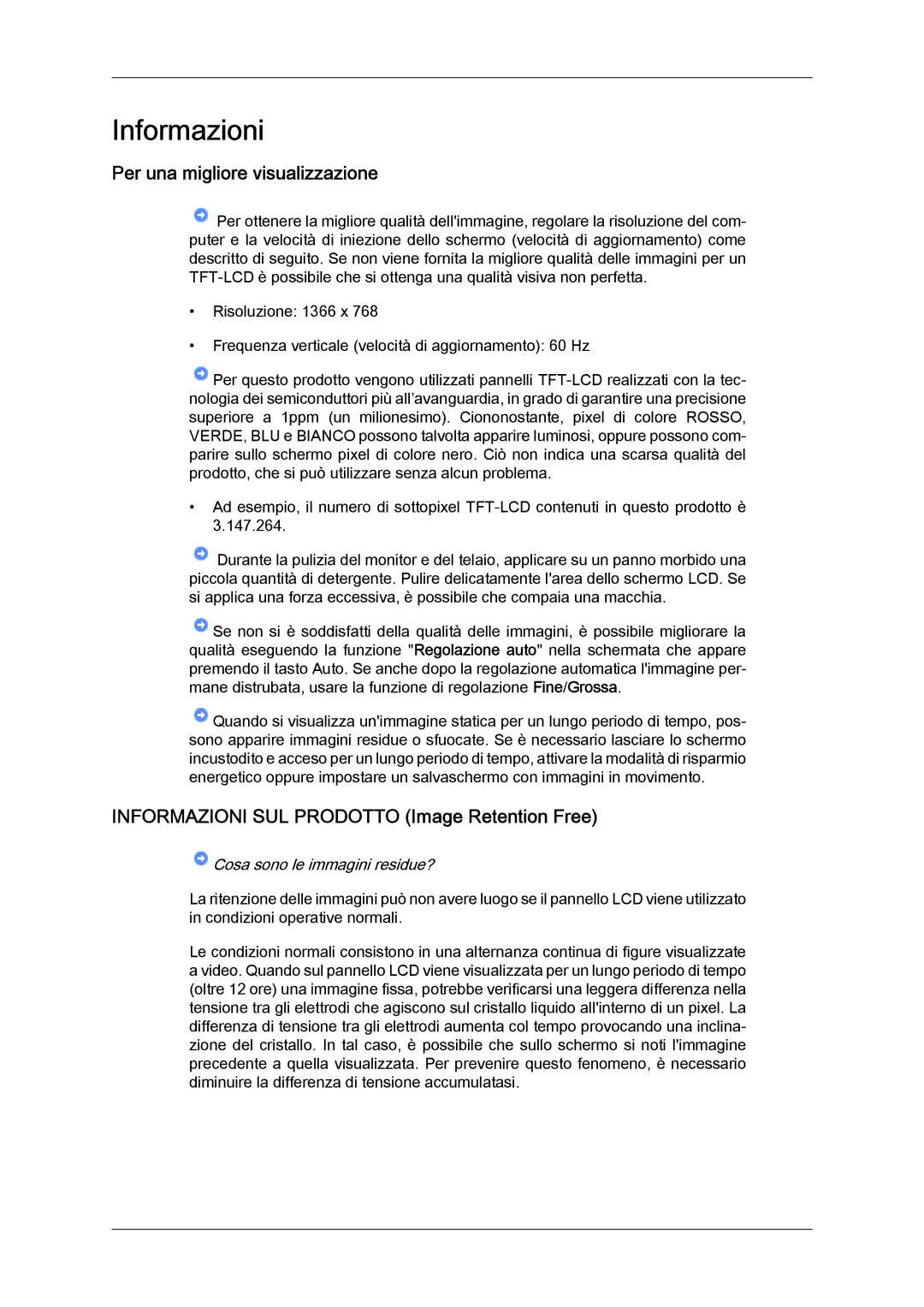 Samsung LH46OUTQGF/EN manual Per una migliore visualizzazione, Informazioni SUL Prodotto Image Retention Free 