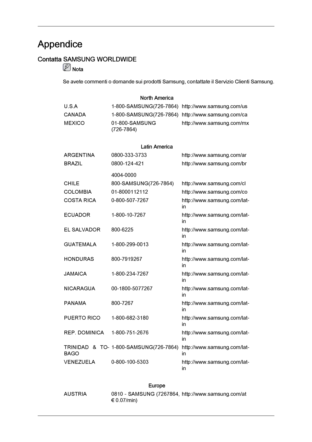 Samsung LH46OUTQGF/EN manual Contatta Samsung Worldwide, North America, Latin America, Europe 