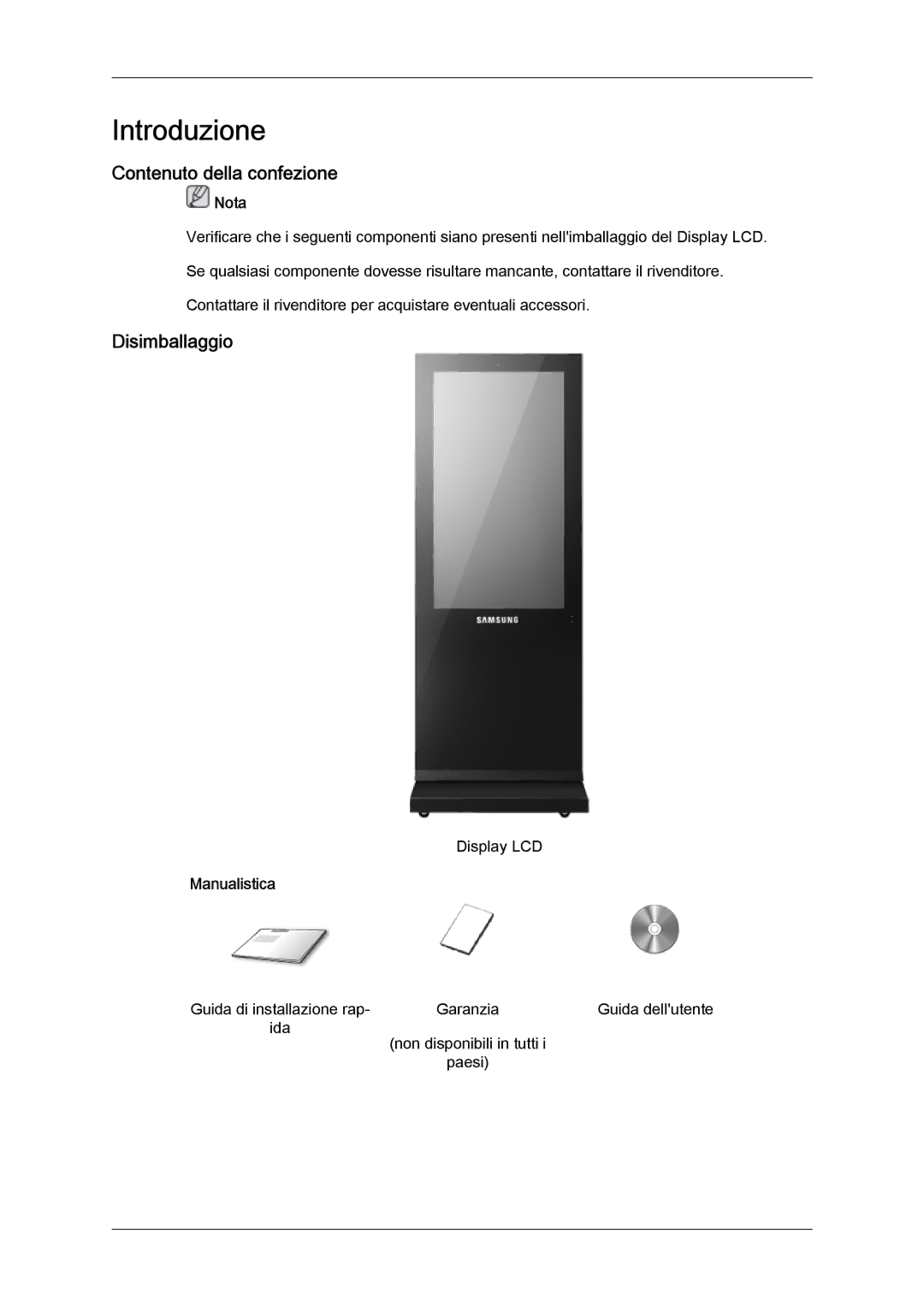 Samsung LH46OUTQGF/EN manual Contenuto della confezione, Disimballaggio, Manualistica 