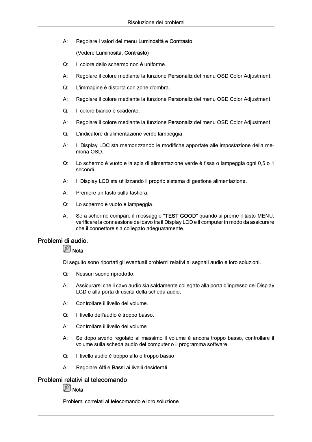 Samsung LH46OUTQGF/EN manual Problemi di audio, Problemi relativi al telecomando 