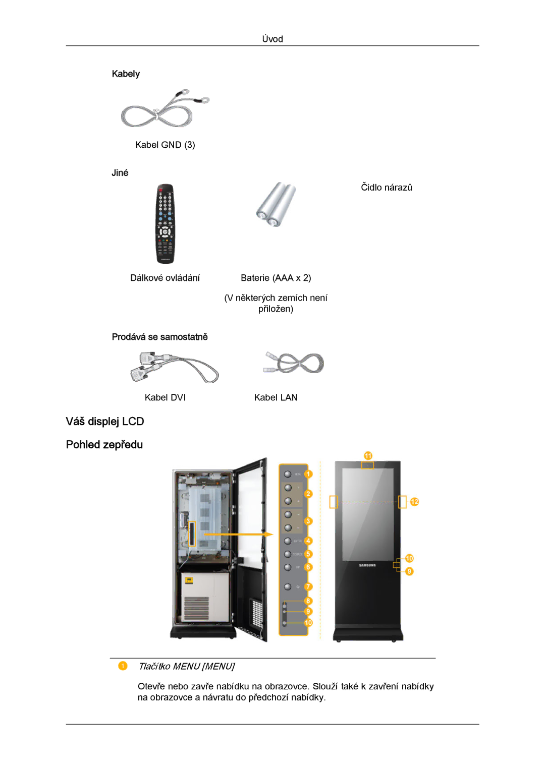 Samsung LH46OUTQGF/EN manual Váš displej LCD Pohled zepředu, Kabely, Jiné, Prodává se samostatně 