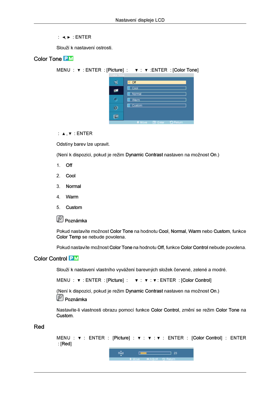 Samsung LH46OUTQGF/EN manual Color Tone, Color Control, Off Cool Normal Warm Custom Poznámka, → Red 