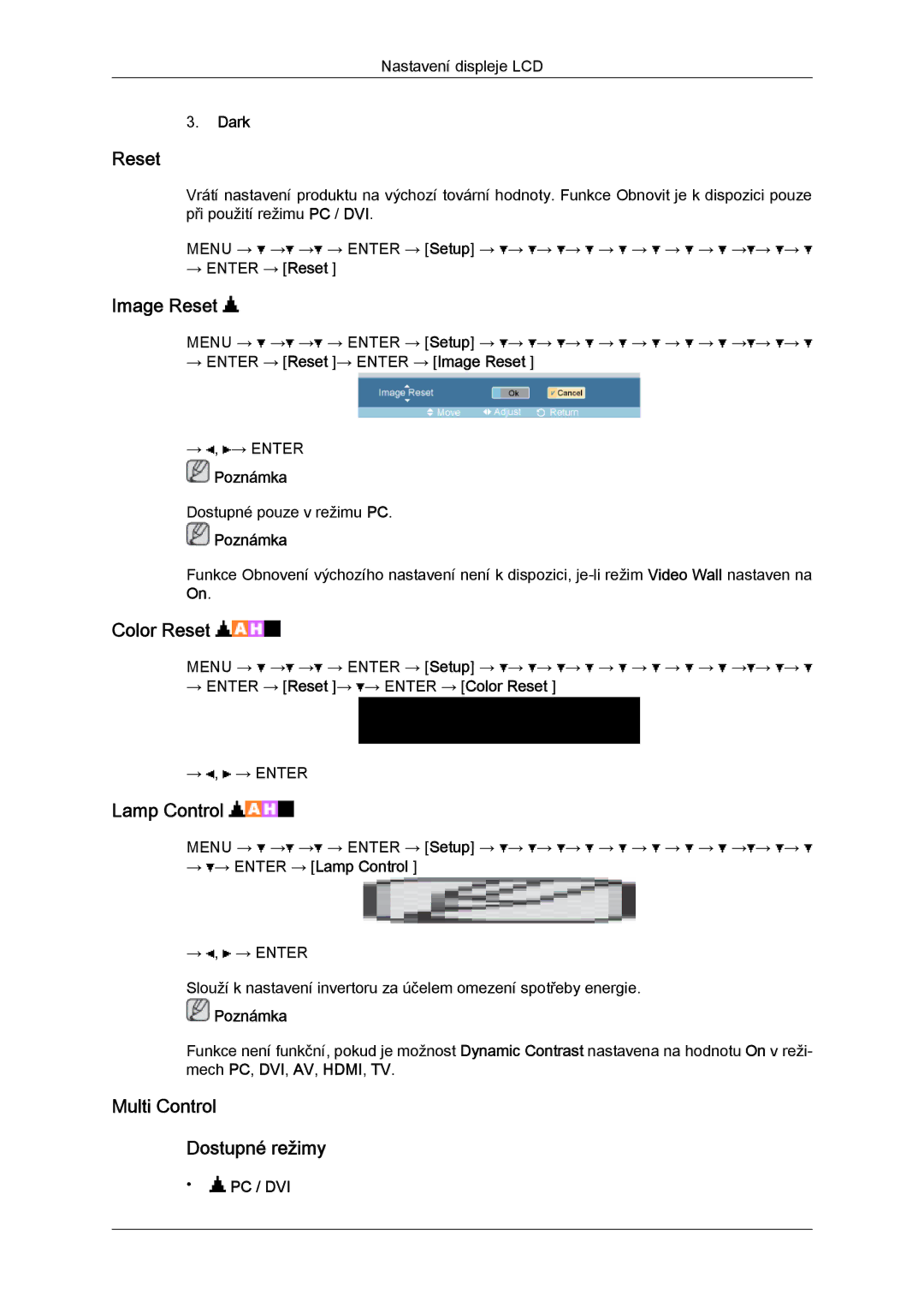 Samsung LH46OUTQGF/EN manual Image Reset, Color Reset, Lamp Control, Multi Control Dostupné režimy 