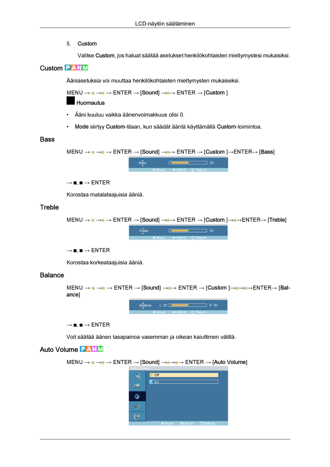 Samsung LH46OUTQGF/EN manual Bass, Treble, Balance, Auto Volume 