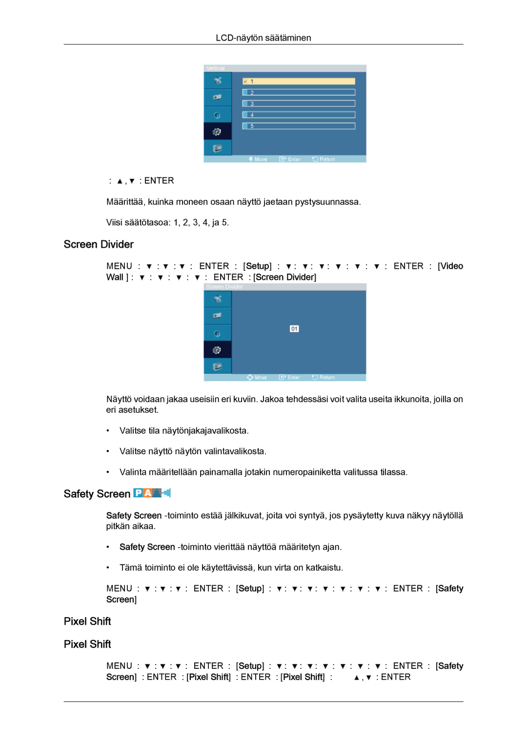 Samsung LH46OUTQGF/EN manual Screen Divider, Safety Screen, Pixel Shift 