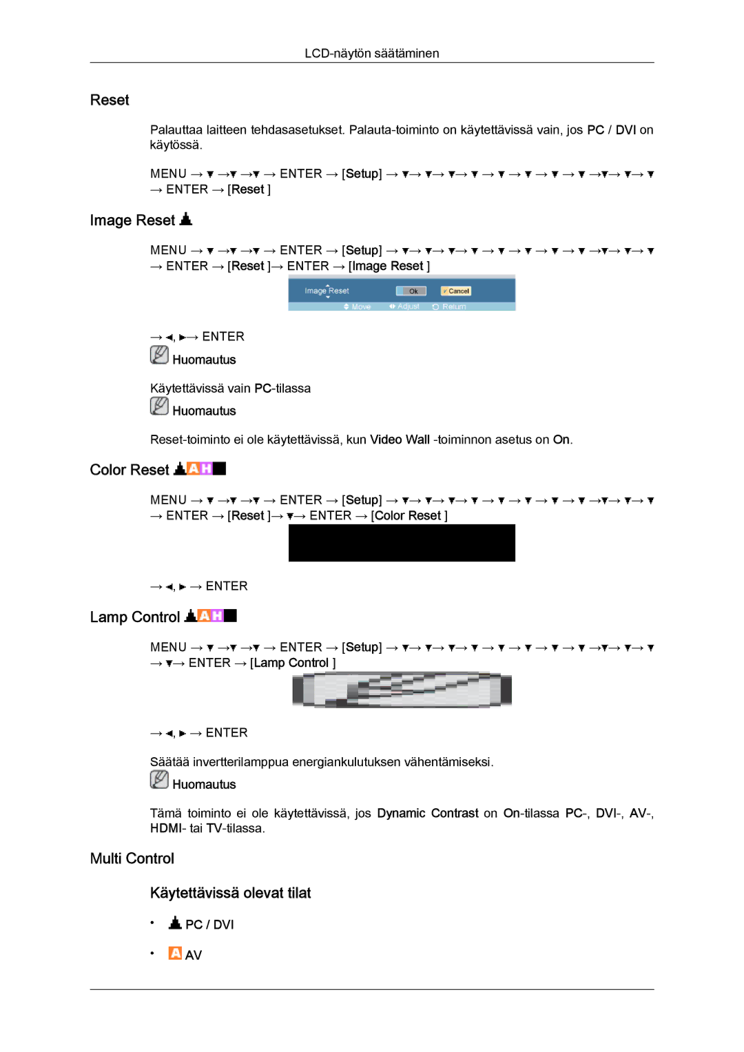 Samsung LH46OUTQGF/EN manual Image Reset, Color Reset, Lamp Control, Multi Control Käytettävissä olevat tilat 